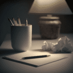 A blank sheet of paper is on a desk, with cup of pencils and a lamp.