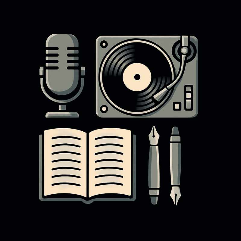 Icon representing the rap song lyrics generator featuring a mic, turntable, pen, and notebook.