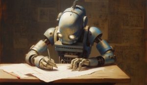 A robot sits writing at a desk