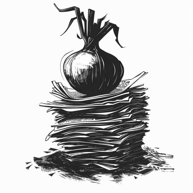 The onion is sitting on a stack of satirical newspaper articles