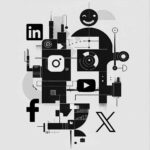 An abstract illustration of a ai-powered machine surrounded by social media logos