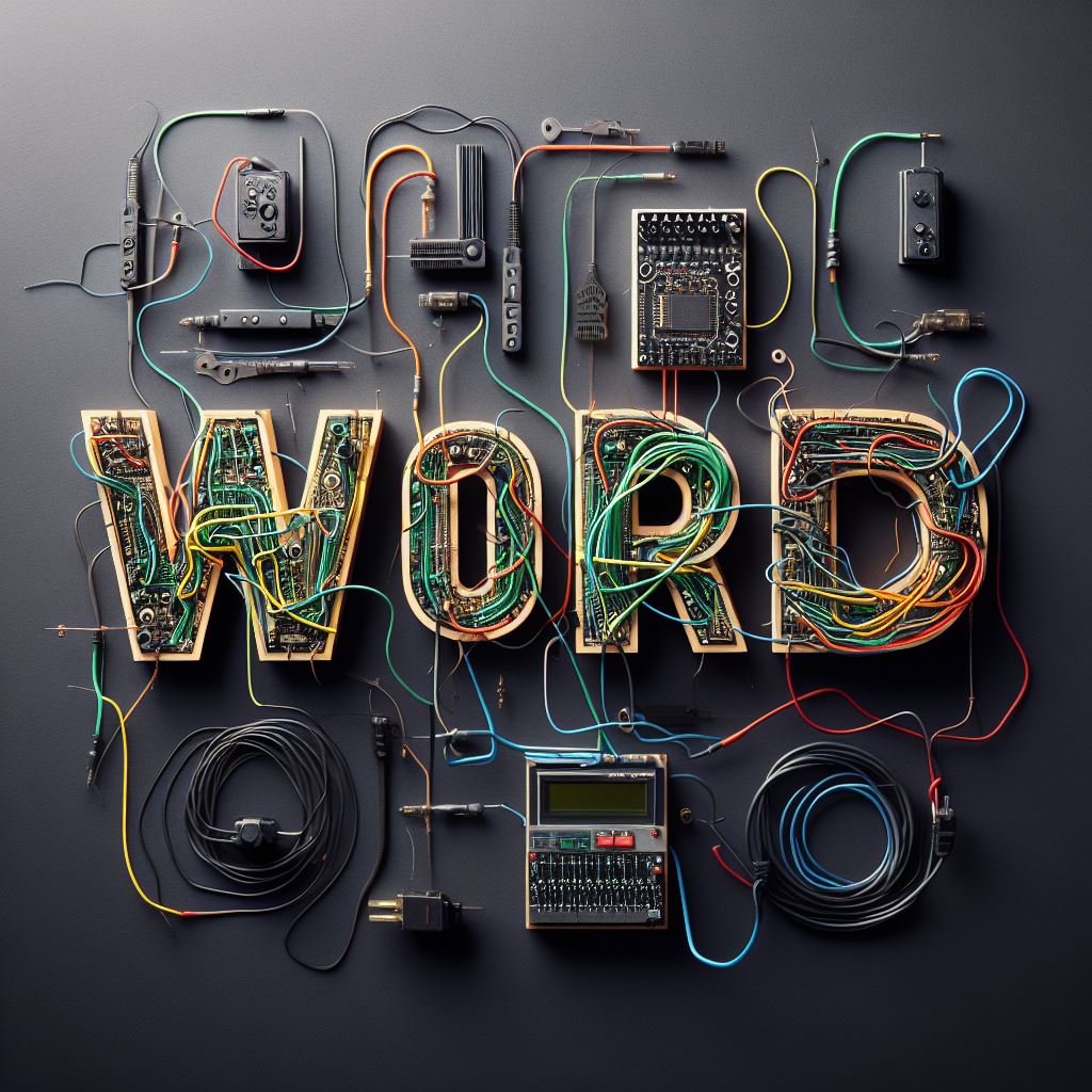 The word "Word" written in wires and electronics.