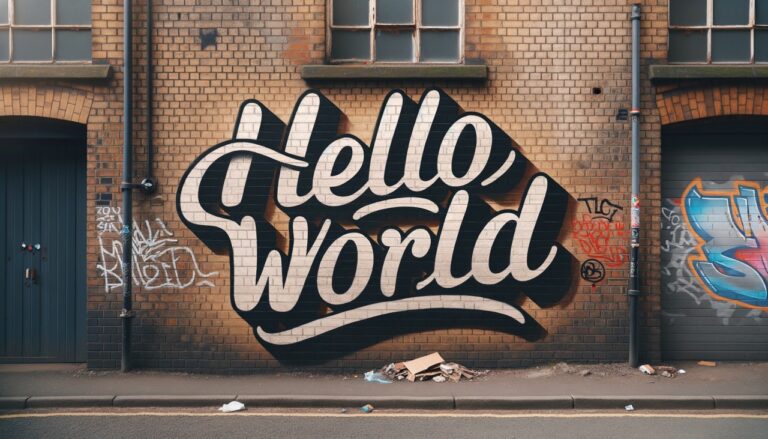 "Hello World" painted on a brick wall in an urban environment