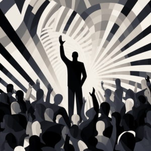 Illustration of a human raising their hand in a crowd