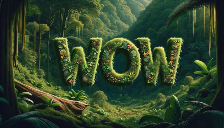 The word "wow" written in leaves and flowers in a rainforest setting.