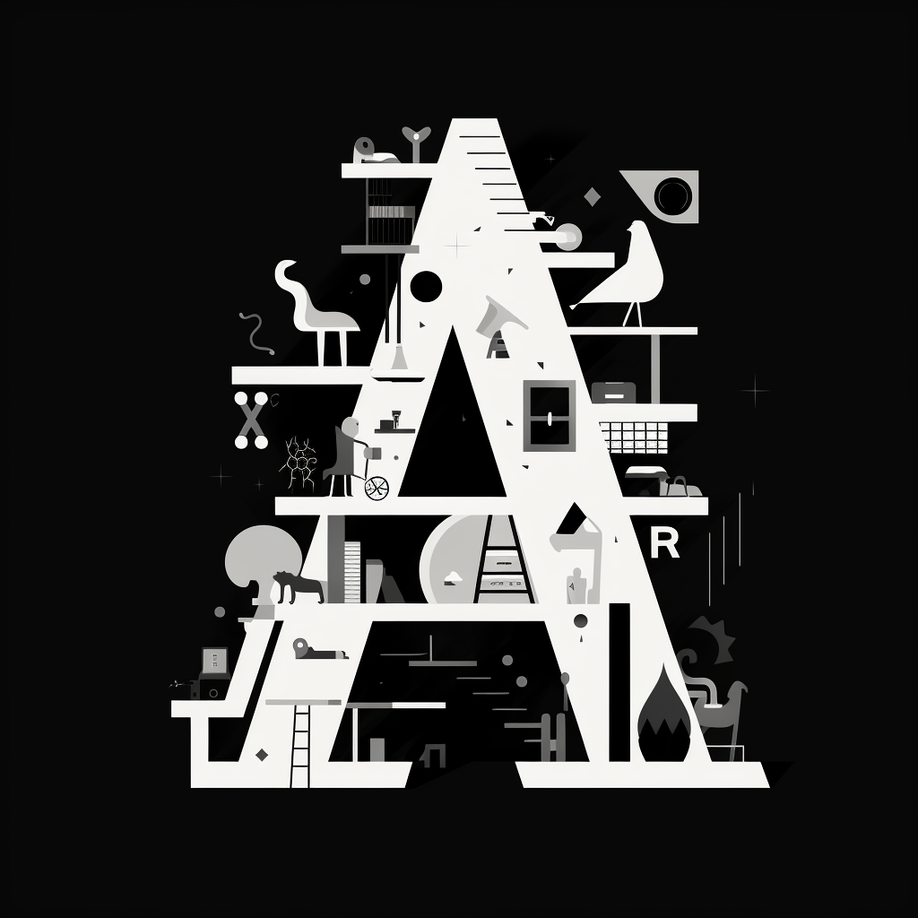 The letter A with shelves and objects