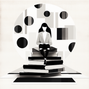 Woman sitting on a stack of books while reading and researching.