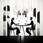 Illustration of two people sitting at opposite ends of a table negotiating something.