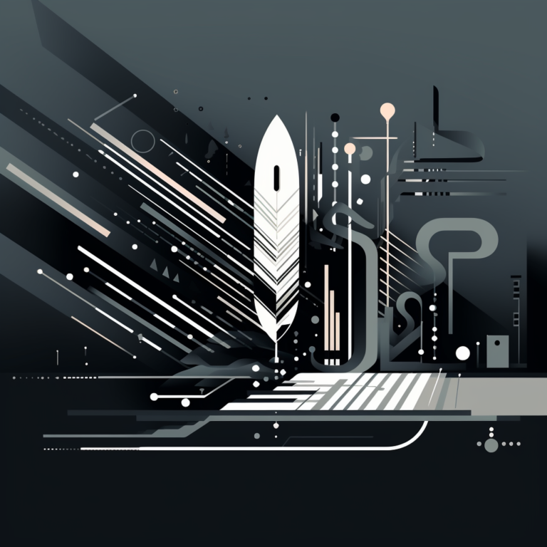 Abstract illustration of a quill pen on a computer keyboard symbolozing a potry generator.