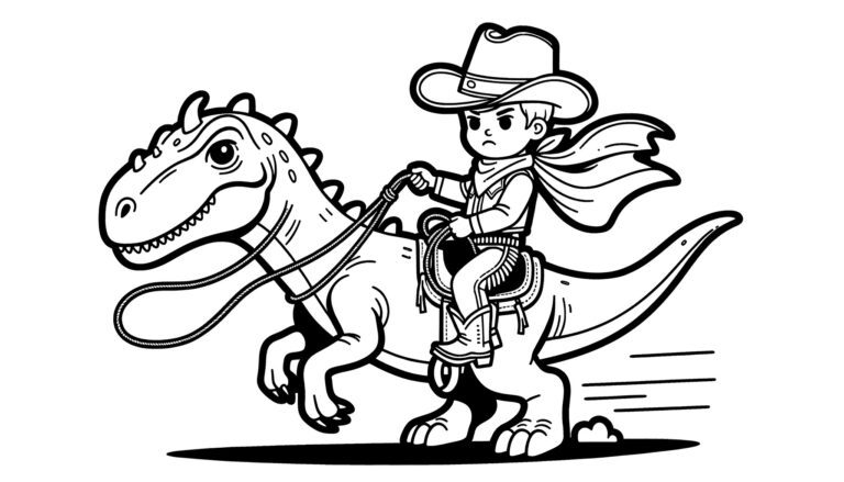 A cowboy riding a dinosaur coloring page