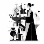 Abstract illustration of an alchemist with letters and beakers