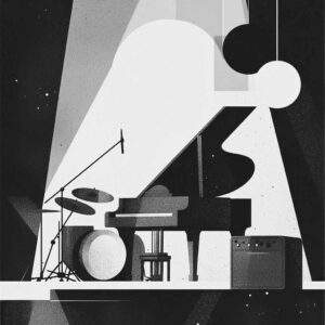 A piano and drum set on stage