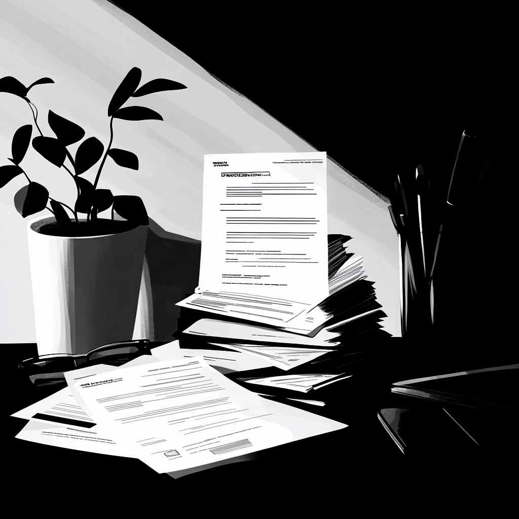 A stack of resumes or CVs on a desk