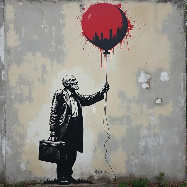 Stencil art of an old man holding a balloon