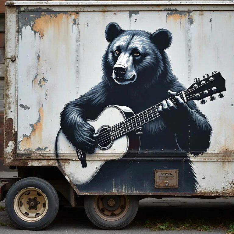 A painting of a bear playing guitar - AI generated street art