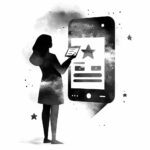 Illustration of a woman responding to a customer review on a large phone.