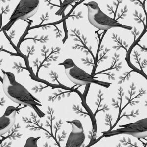 Birds and branches in a seamless pattern