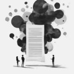 Illustration of people standing around a document with clouds surrounding it.