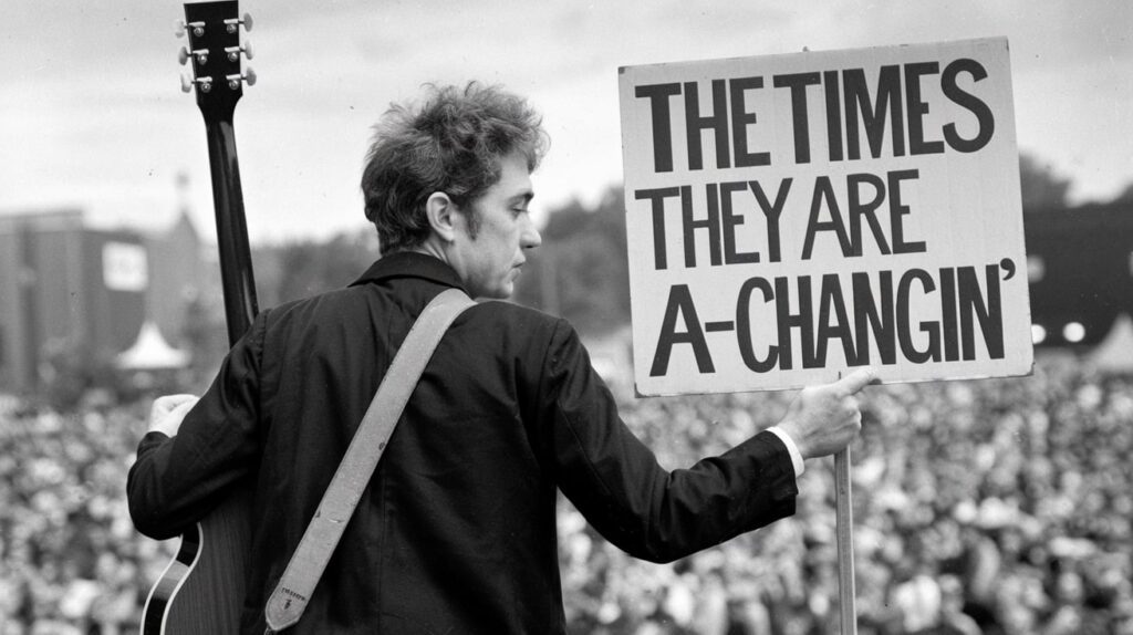 AI generated image of Bob Dylan holding a sign that says "The times they are a-changin'.