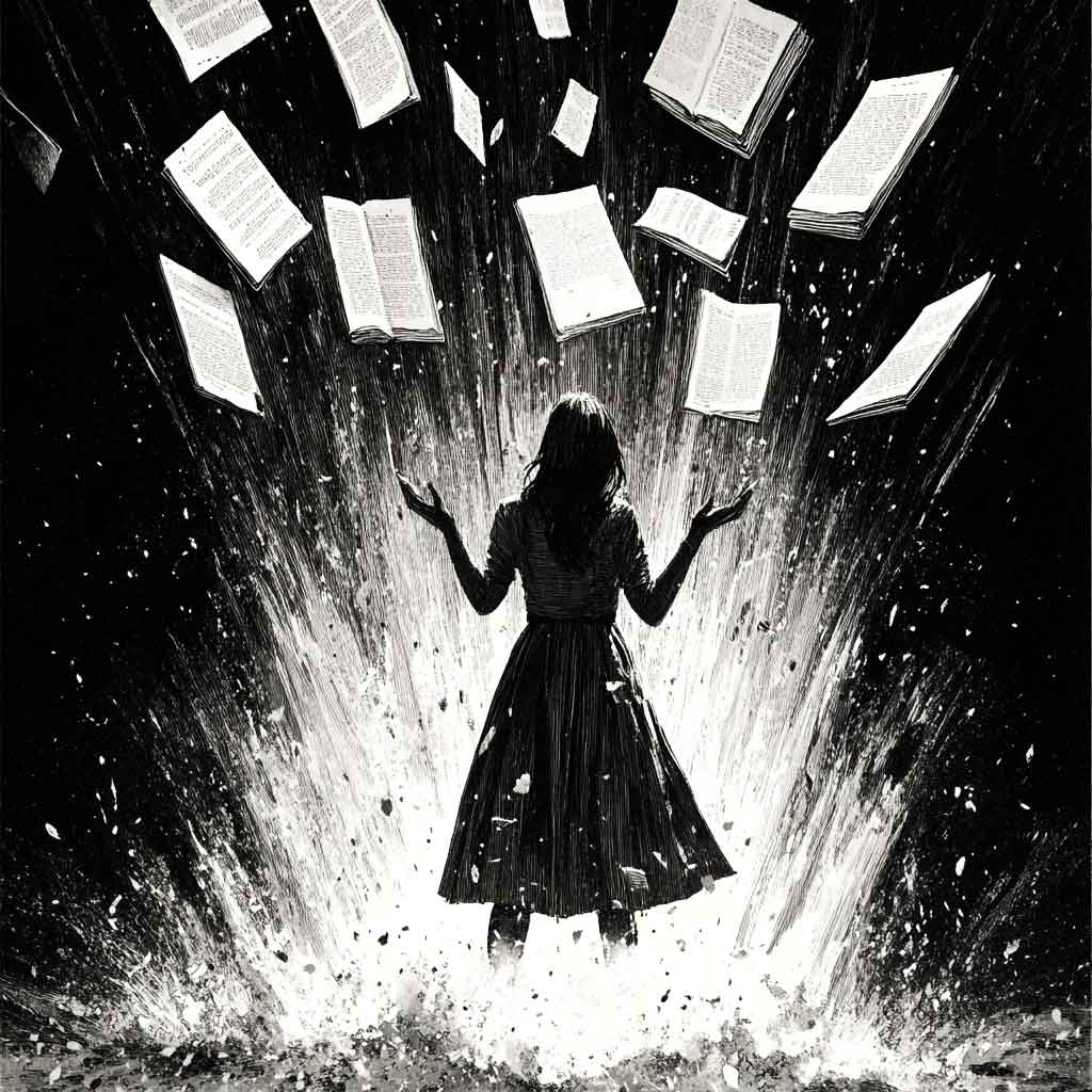 Illustration of a woman surrounded by written pages.