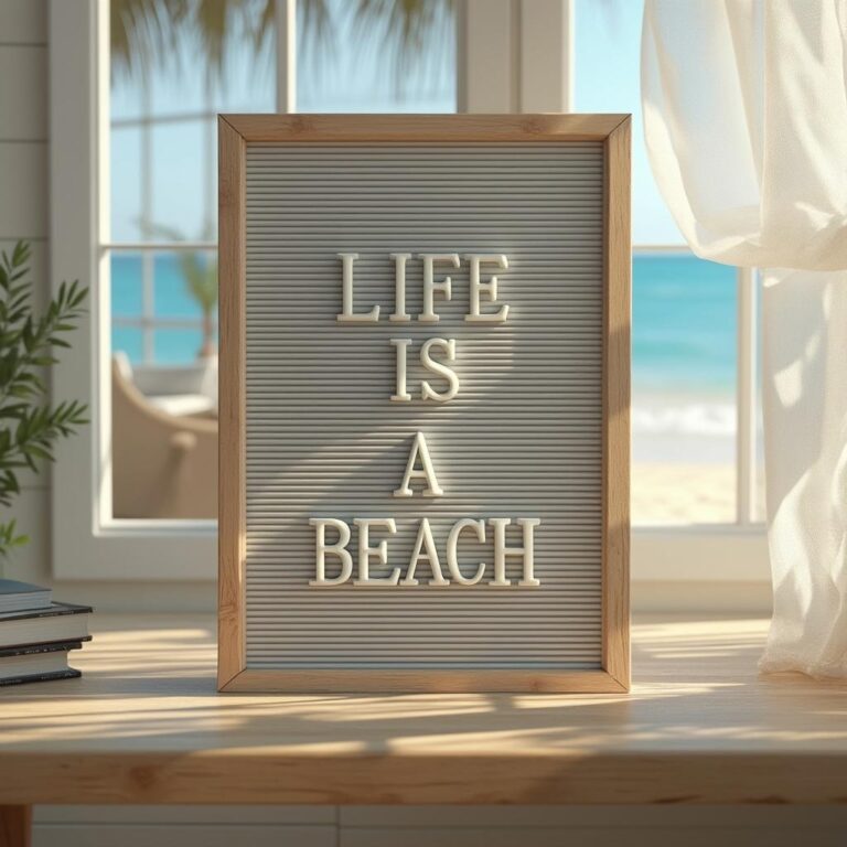 A letter board with "Life is a Beach" written in removable letters, sitting by a window in a beach house