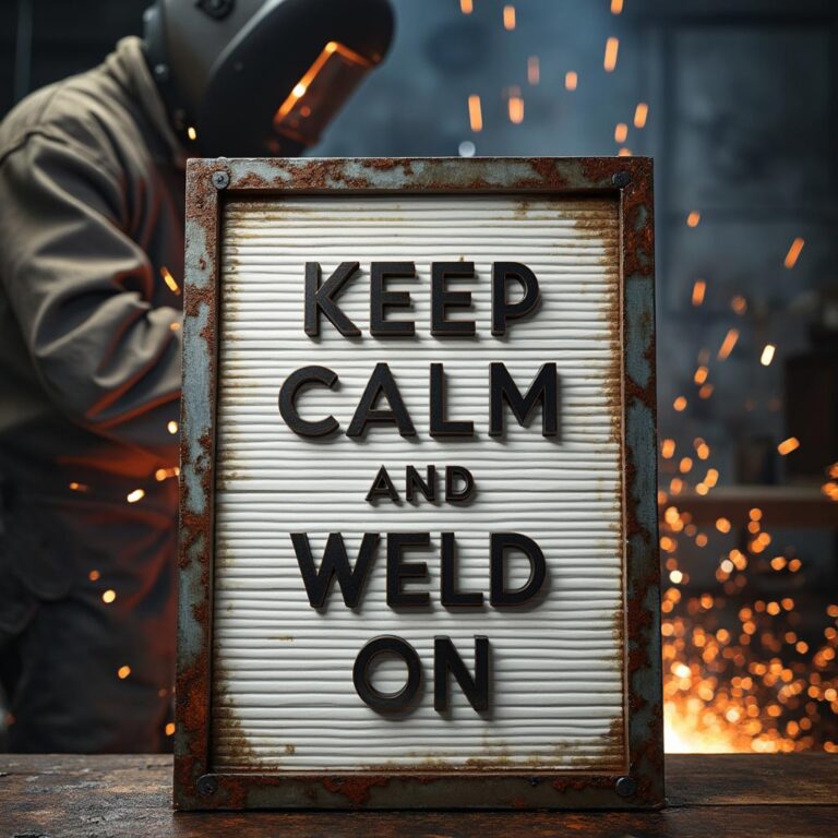 Letter board reading "Keep Calm and Weld On" with a welder and sparks in the background
