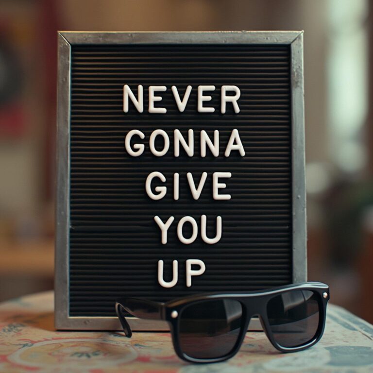 A letter board with "Never Gonna Give You Up" written in removable letters. Sunglasses resting on table in the foreground.