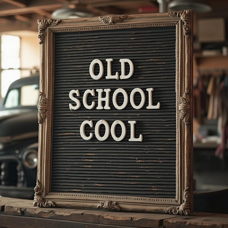 A letter board with "Old School Cool" written in removable letters in an old auto shop