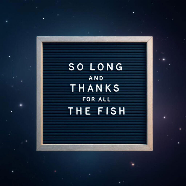 A letterboard that reads "So long and thanks for all the fish"