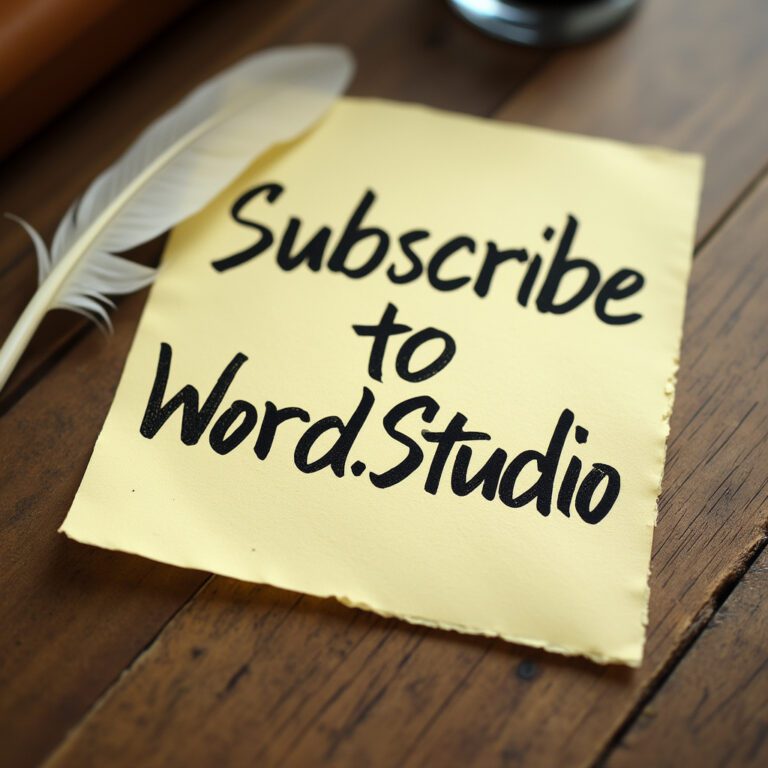 A sticky note that reads "Subscribe to Word.Studio" on a wooden desk next to a feather quill.