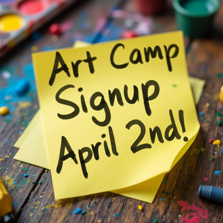 A post-it note on a messy art desk that reads "Art Camp Signup April 2nd"