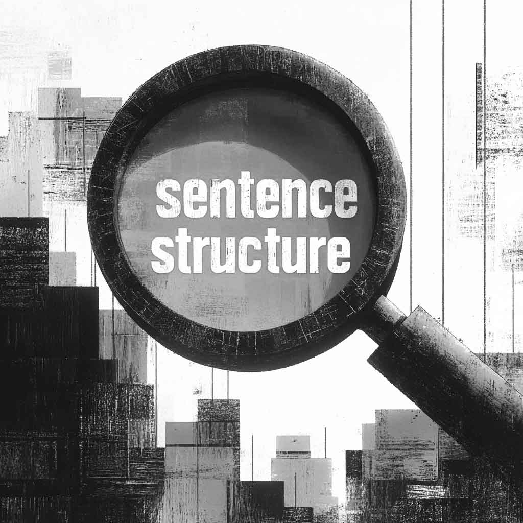 Sentence structure and parts of speech analyzer A maginfying glass examining the word "sentence structure"