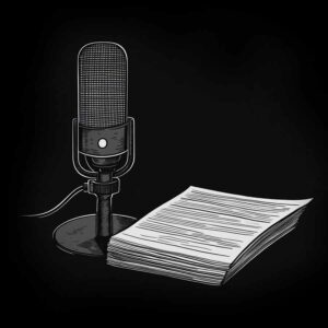 Podcast script pages next to microphone