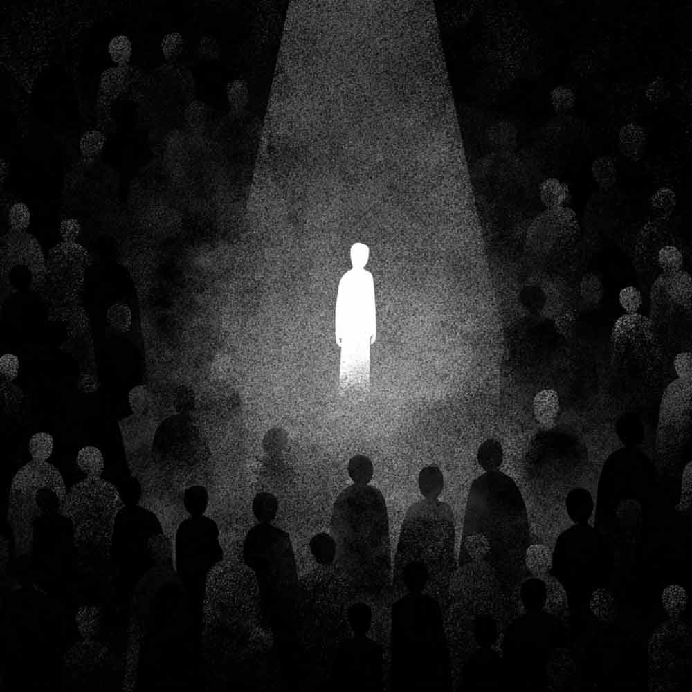 A spotlight on a human stands out among peers in a crowd.