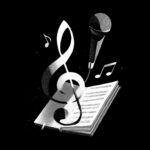 Music note, mic, and notebook with song lyrics