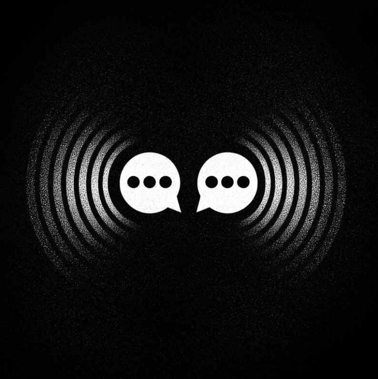 Speech bubbles and sound waves representing a word rhyme finder.