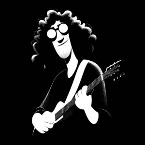 A funny musician holds a guitar