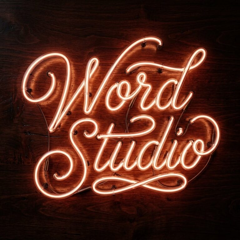 Word studio script neon sign with amber glow