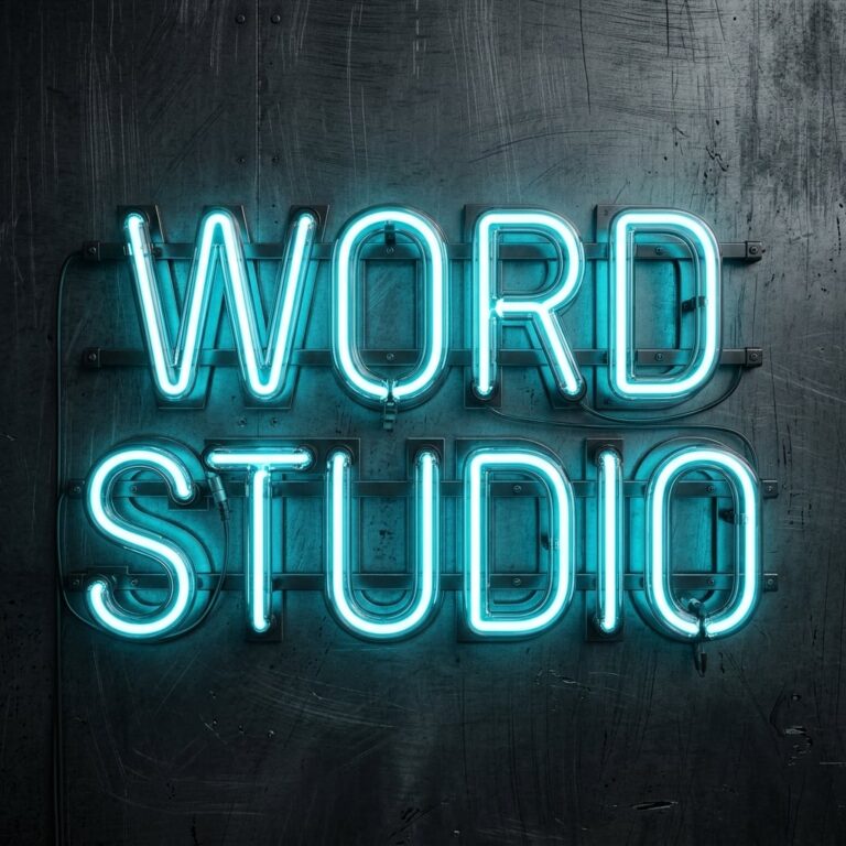 Word Studio written in teal blue neon tubes.