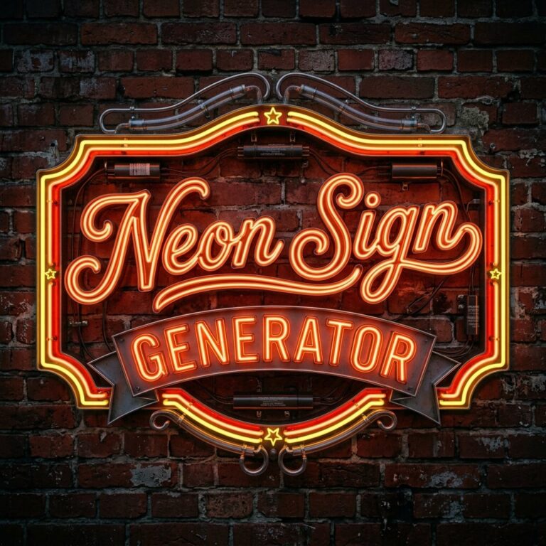 "Neon Sign Generator" written in amber/orange neon tubes with frame.