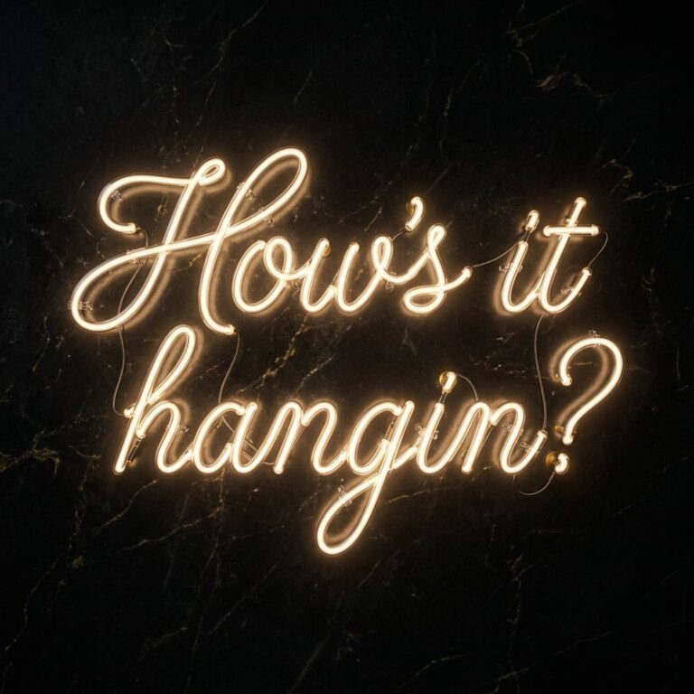 How's it Hangin? Neon sign written in white script.