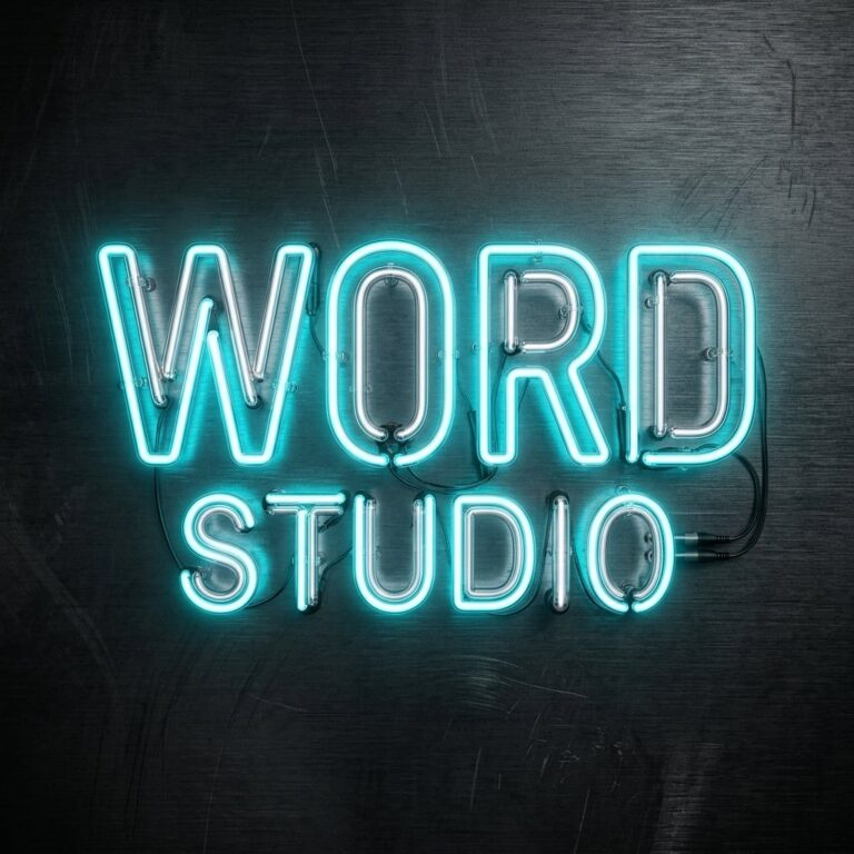 Word Studio written in block lettering teal blue neon tubes.