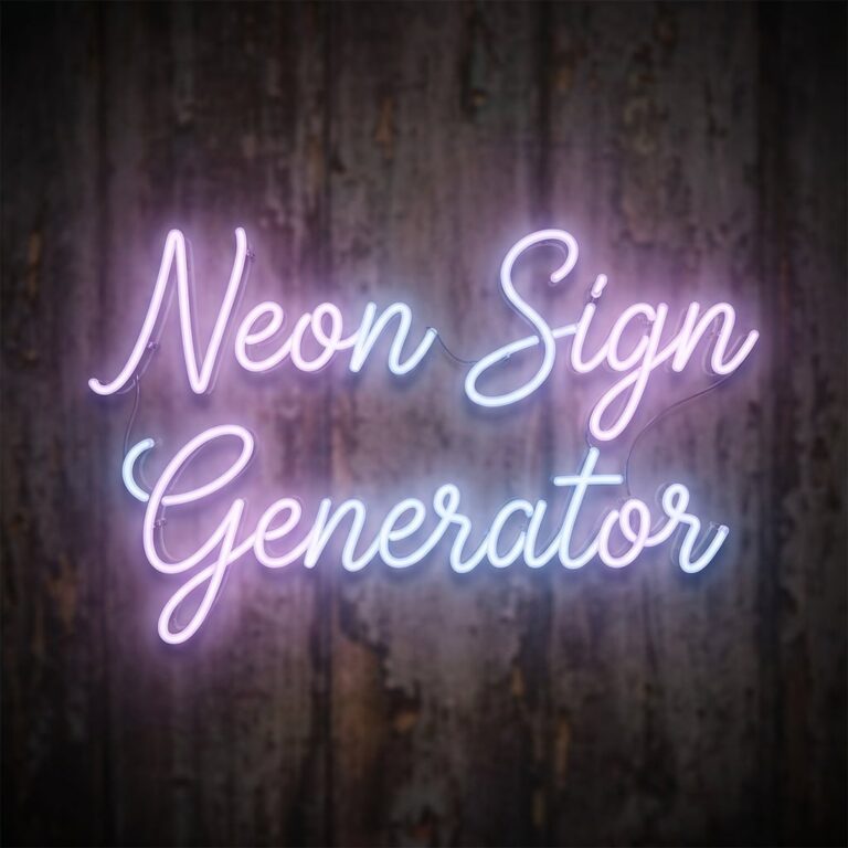 "Neon Sign Generator" written in purple and teal neon tubes.
