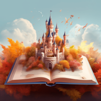 A magical castle is rising from the pages of an open book.