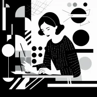 Illustration of a woman at a desk writing, presumably paraphrasing text.